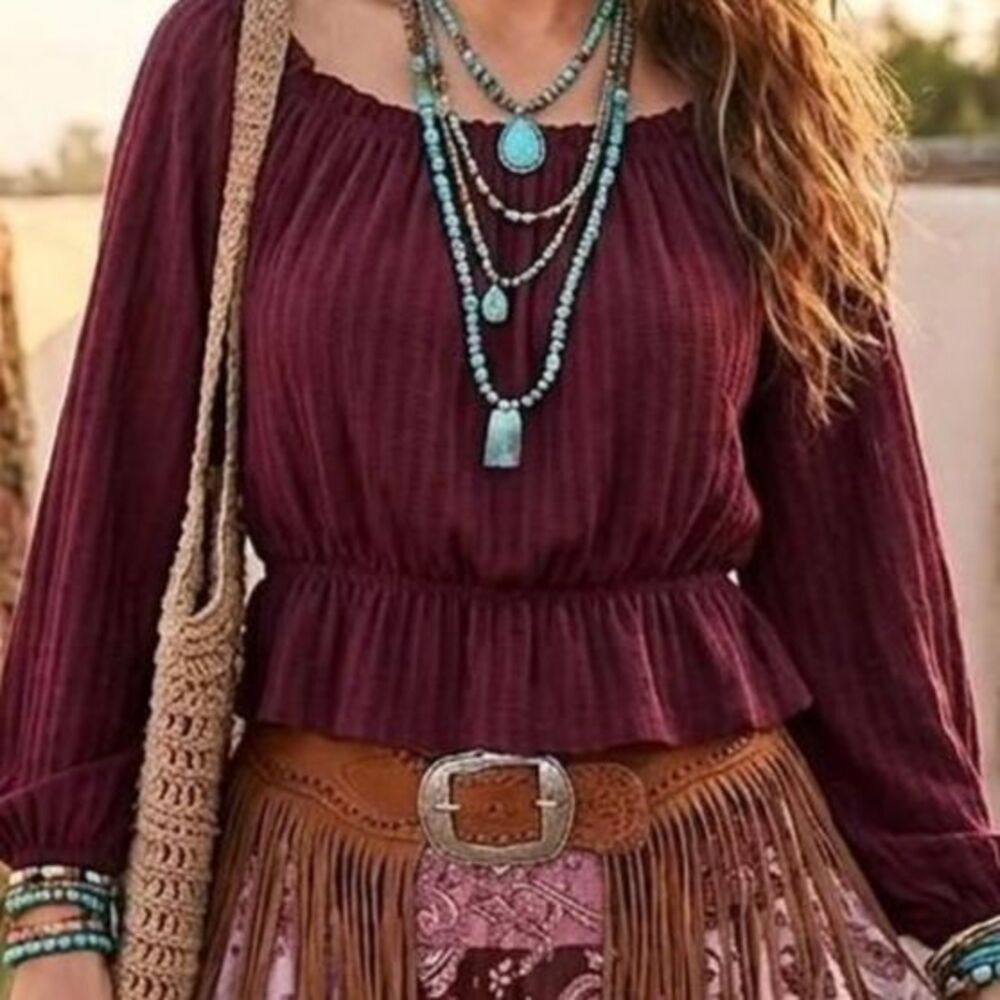 Maroon Ribbed Peplum Blouse large boho Cottagecore    on/off shoulder